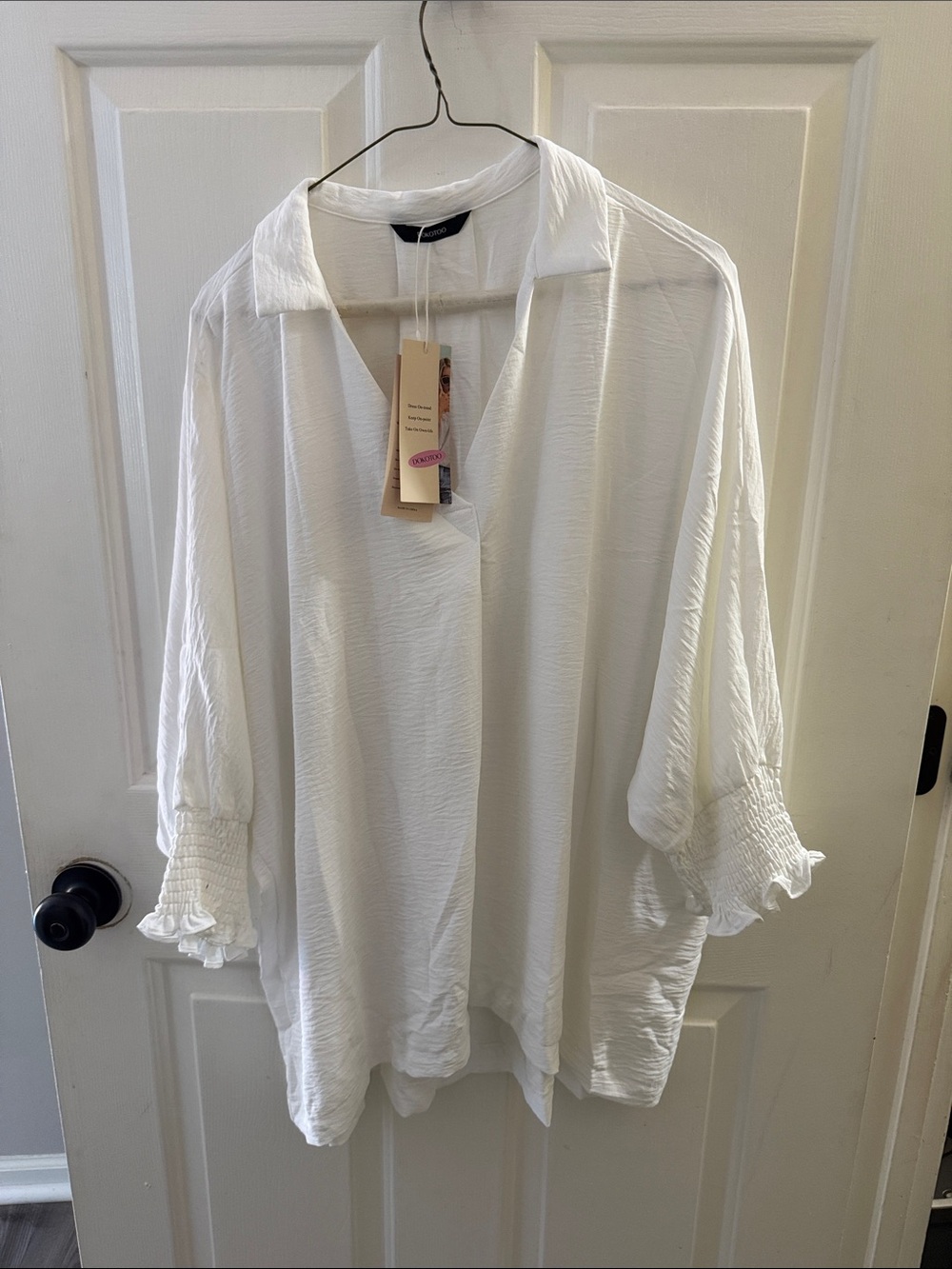 Women’s White V-Neck Blouse with Smocked Cuffs